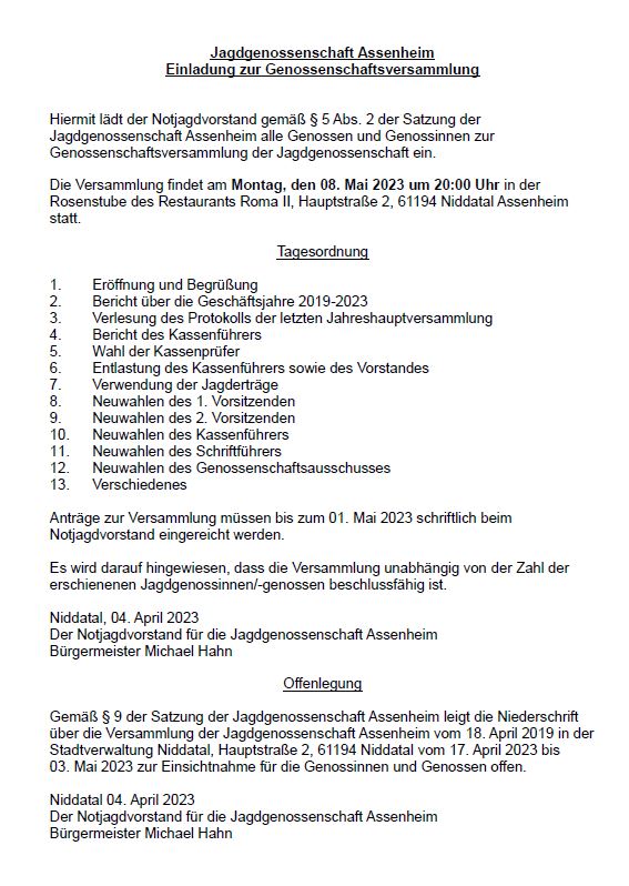 Einladung zur Genossenschaftsversammlung 2023 der Jagdgenossenschaft Assenheim