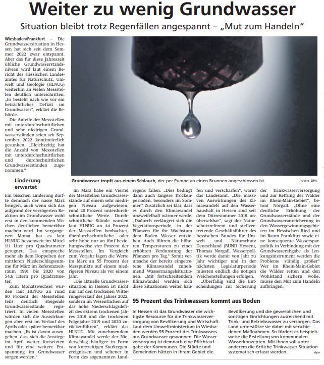 Artikel der Wetterauer Zeitung - Weiter zu wenig Grundwasser