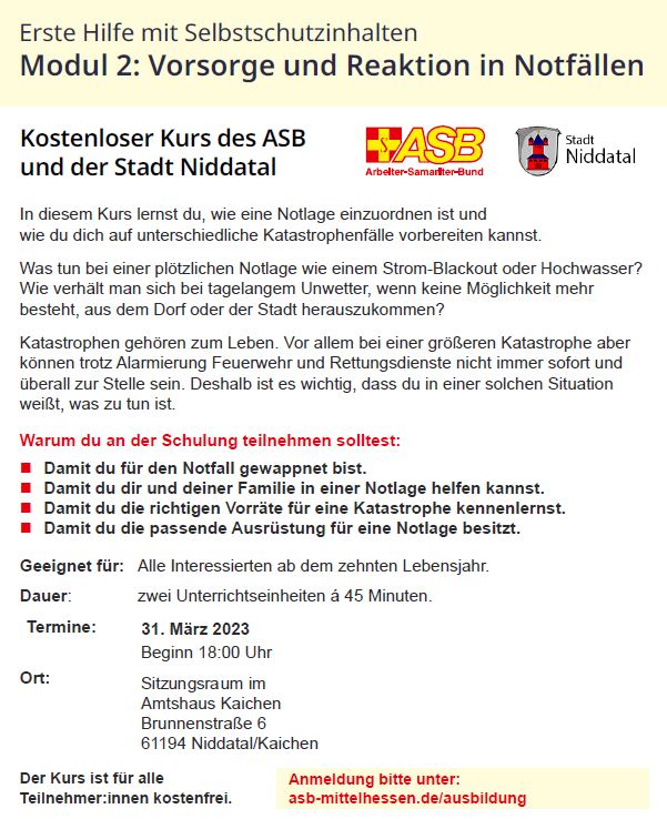 Vorsorge und Reaktion in Notfällen - Kostenloser Kurs in Kaichen