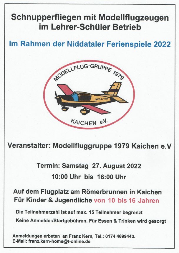 Schnupperfliegen der Modellfluggruppe Kaichen im Rahmen der Niddataler Ferienspiele 2022