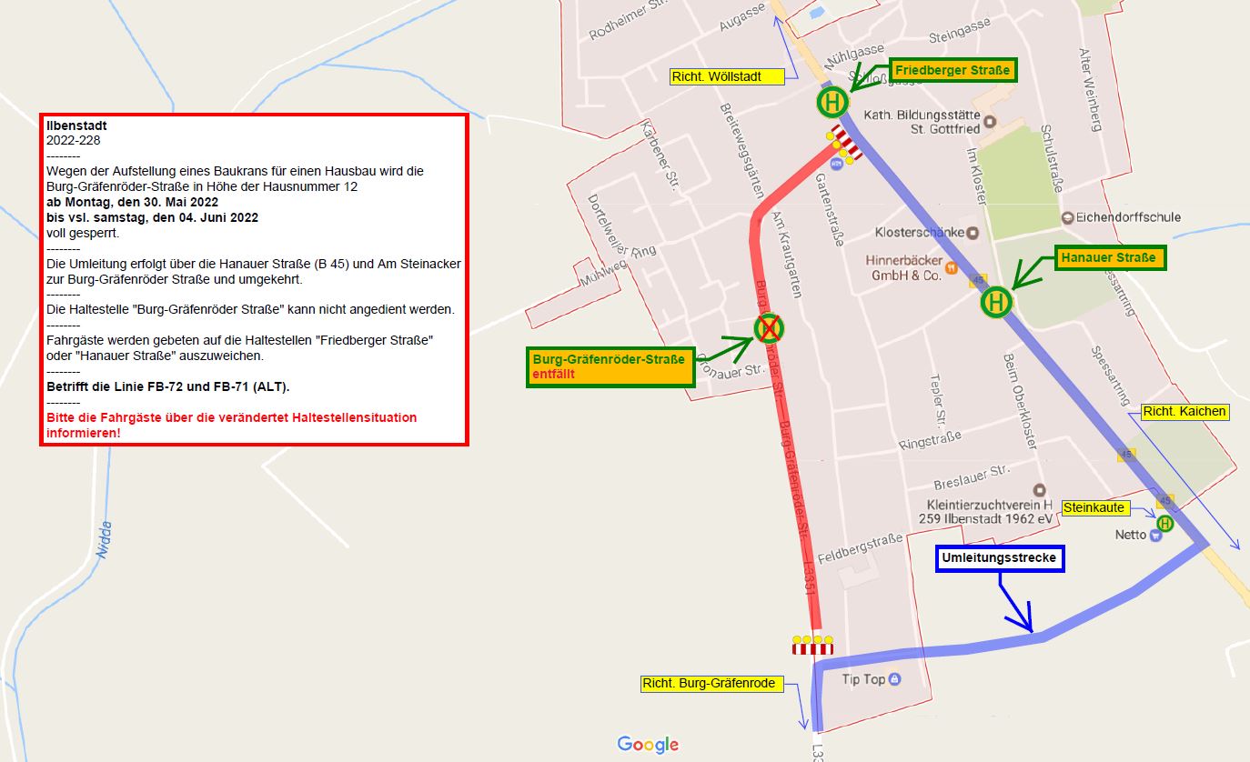 Vollsperrung der Burg-Gräfenröder Straße in Ilbenstadt & Fahrgastinformation 