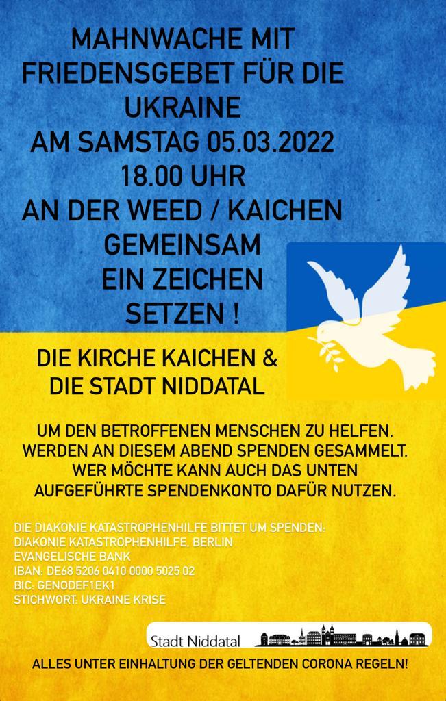 Andacht mit Mahnwache für die Ukraine - 05.03.2022 um 18 Uhr in Kaichen 