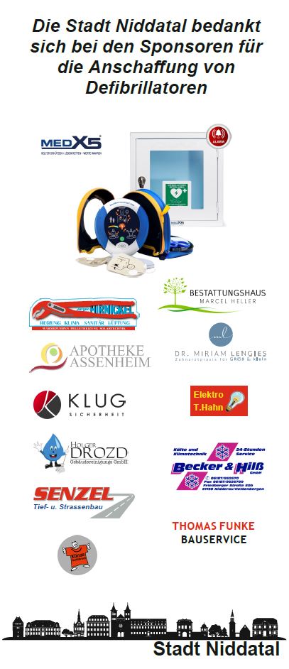 Die Stadt Niddatal bedankt sich bei den Sponsoren für die Anschaﬀung von Deﬁbrillatoren