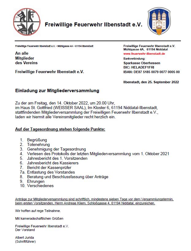 Einladung zur Jahreshauptversammlung 2022 der FFW Ilbenstadt