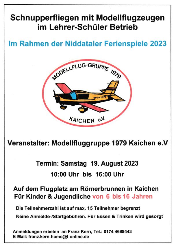 Ferienspiele 2023 - Schnupperfliegen mit Modellflugzeugen am 19.08.2023