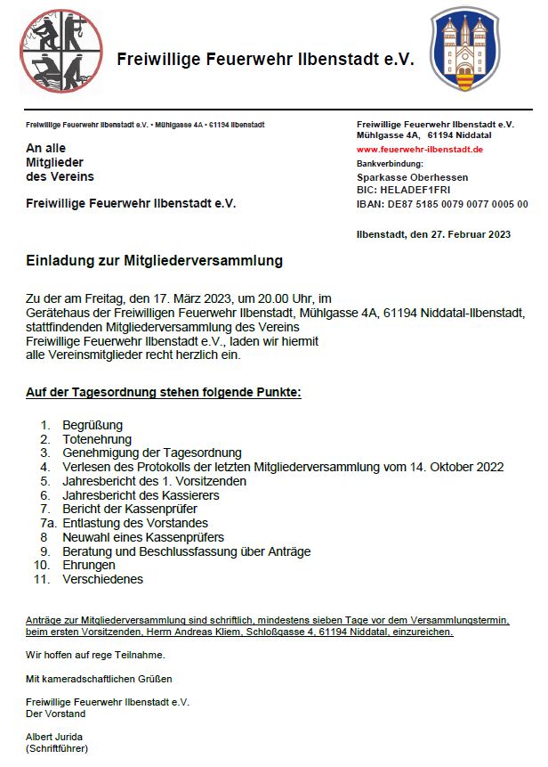 Einladung zur Mitgliederversammlung - Freiwillige Feuerwehr Ilbenstadt e.V.