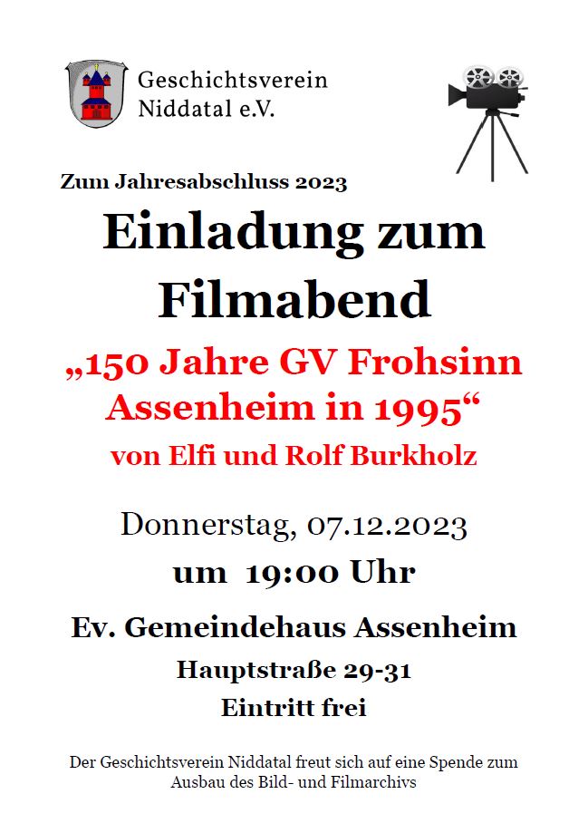 Einladung zum Filmabend „150 Jahre GV Frohsinn Assenheim in 1995“