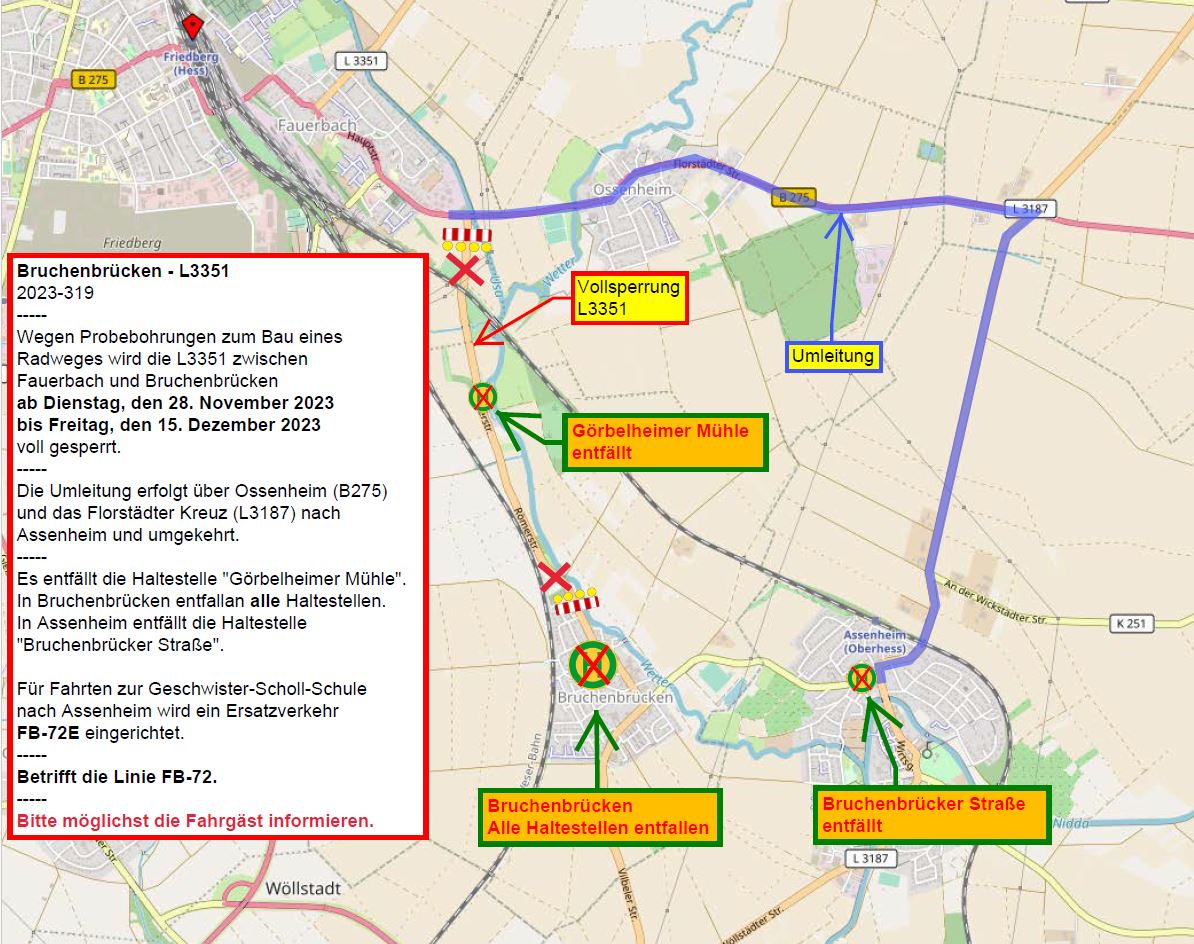 L3187 - Umleitungsplan zwischen Fauerbach und Bruchenbrücken ab Dienstag, den 28.11.2023