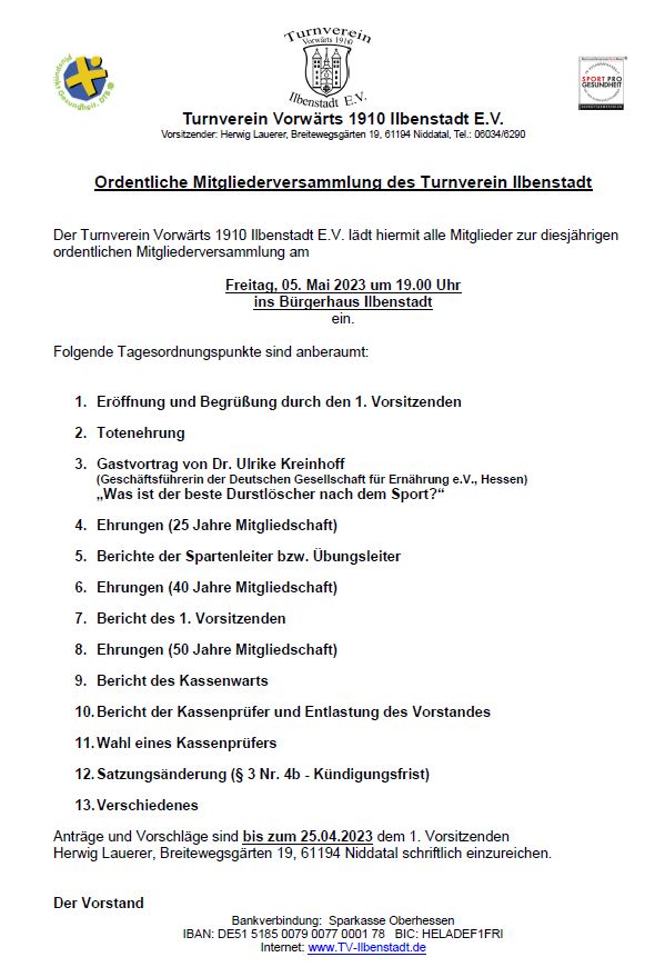 Ordentliche Mitgliederversammlung des Turnverein Ilbenstadt